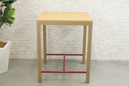 ハイテーブル〔800角、H1000、足掛けフレームレッド、木製〕